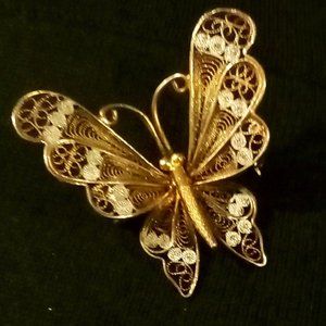 Delicate Vintage 800 Silver Filigree Butterfly Pin-Brooch with Gold Gilt Accent